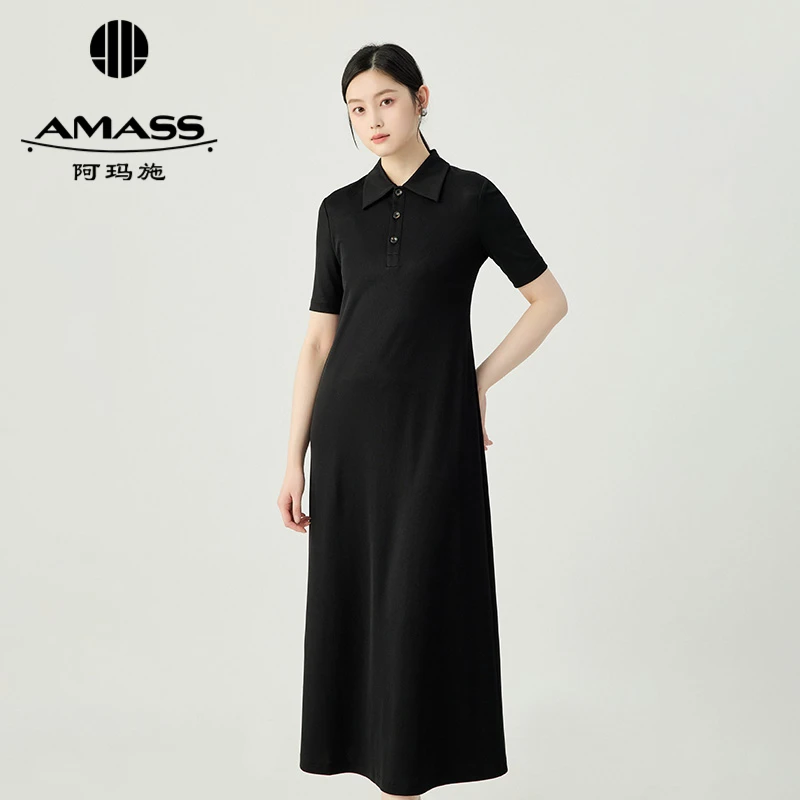 AMASS阿玛施 气质复古百搭翻领纽扣收腰短袖连衣长裙550030显瘦女