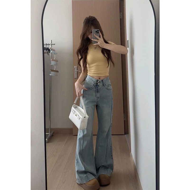2025春夏新款微喇牛仔裤女高腰显瘦宽松阔腿浅蓝色喇叭裤小个子