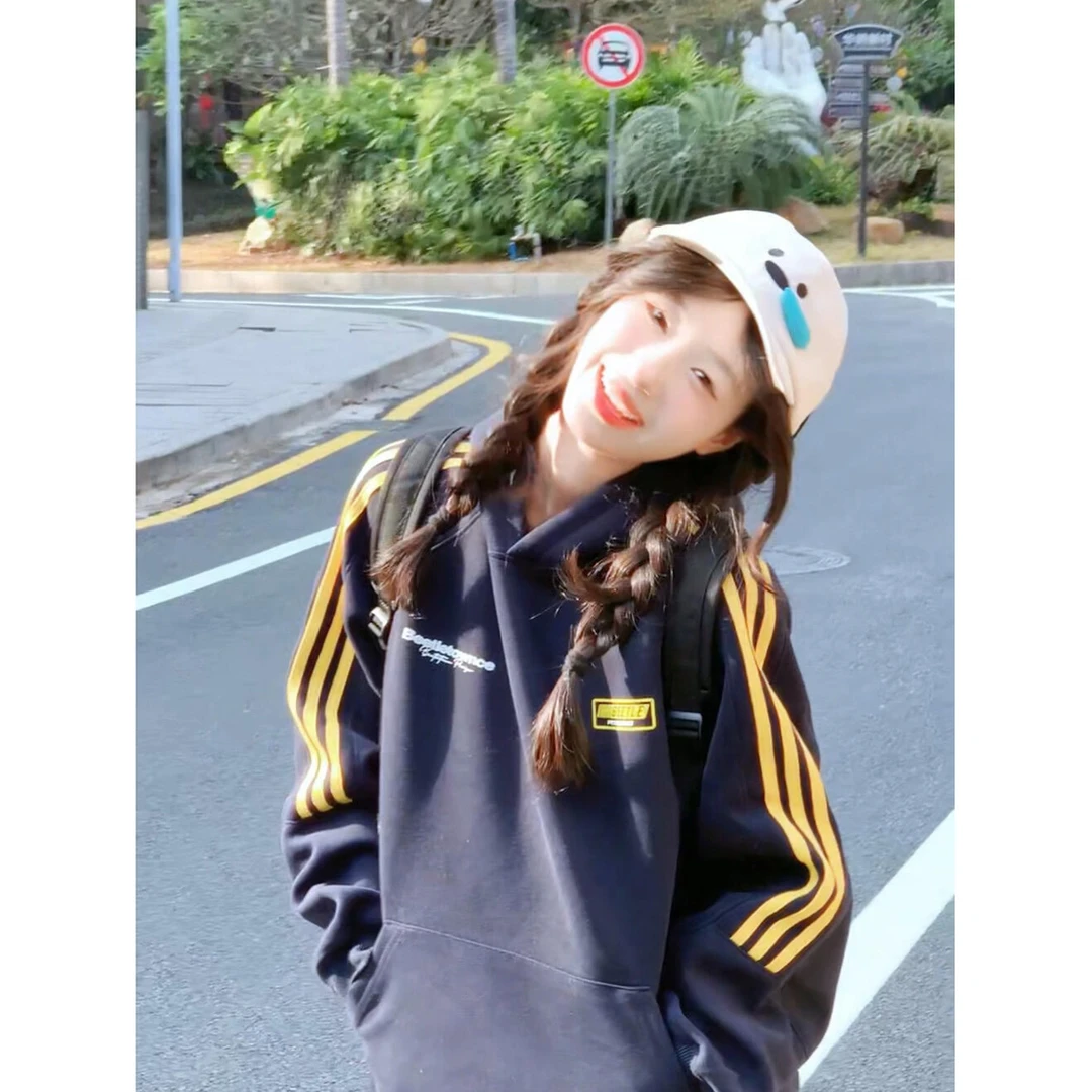 秋冬季街头韩系字母印花三条杠卫衣女美式藏青色百搭情侣连帽上衣