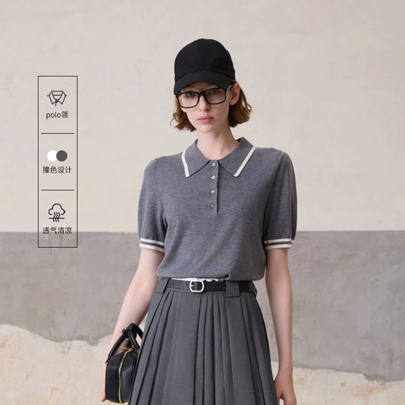 MSLAN格雷系夏季非正式学院风Polo领撞色Miu系T恤针织短袖MGBN464