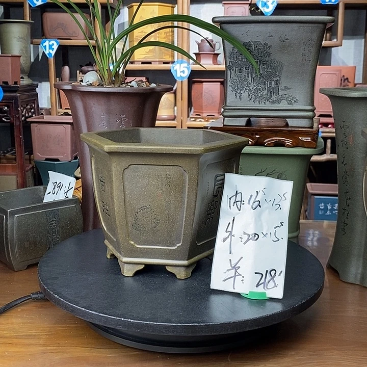 紫砂花盆鲨皮青六方