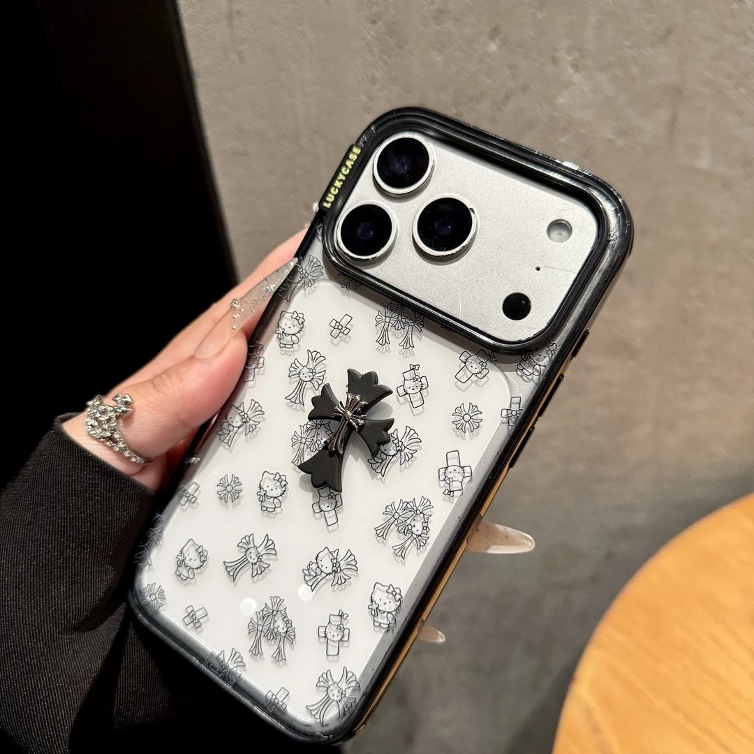 日韩可爱线条猫咪十字架适用ihone17promax苹果16pro手机壳新款15