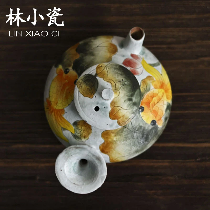 林小瓷洞尚造物小金鱼冰茶壶大叶茶壶小容量手绘侧把壶