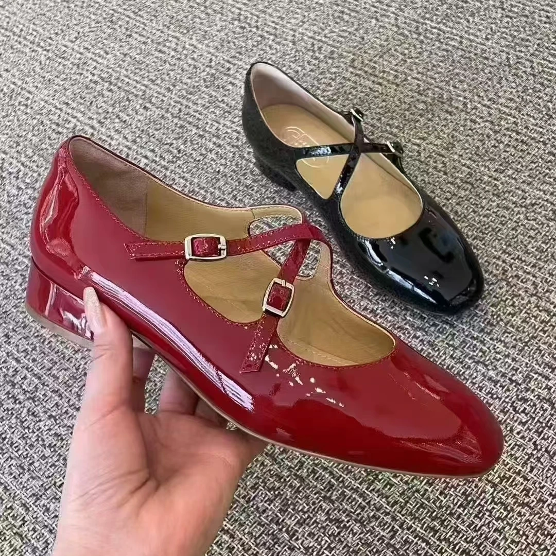 DEEP BREATH深呼吸 复古法式粗跟交叉带牛漆皮玛丽珍单鞋AX11158