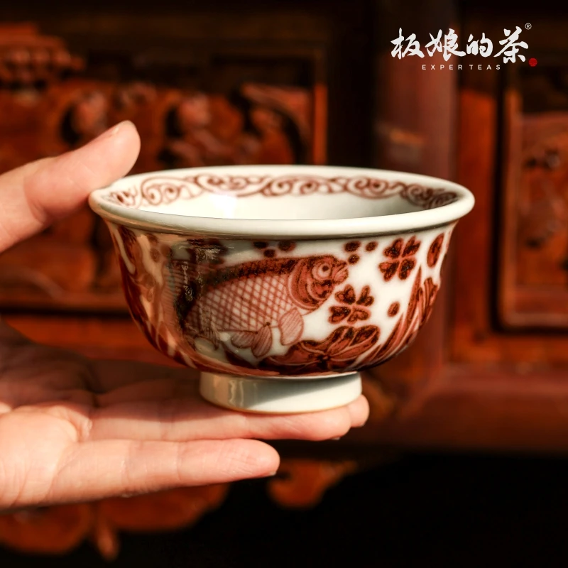 板娘的茶景德镇手绘高温小酌斋釉里红鱼藻纹压手杯