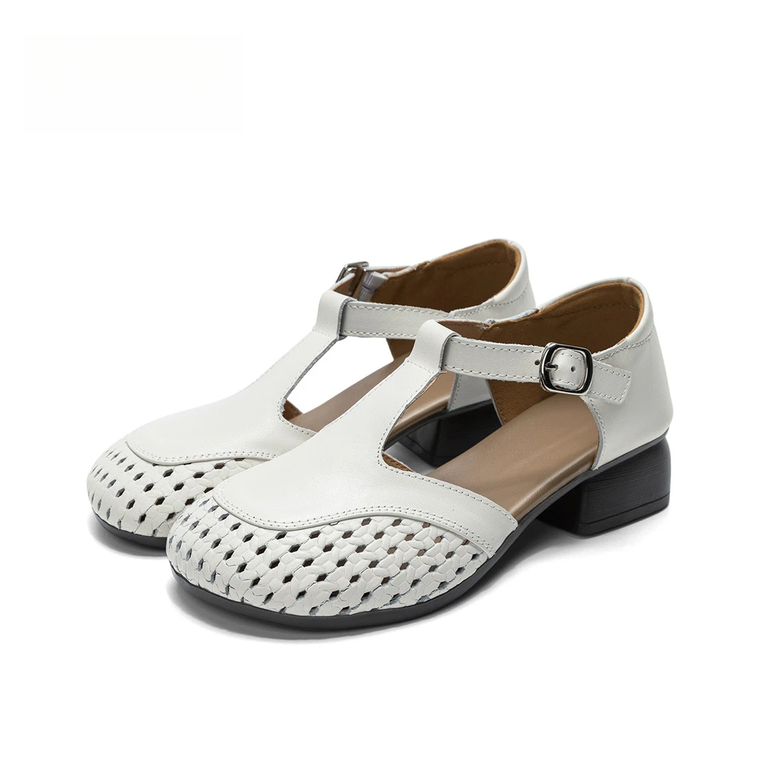 弥笛新款2025夏季女外穿编织透气高端镂空包头中跟时尚罗马风格