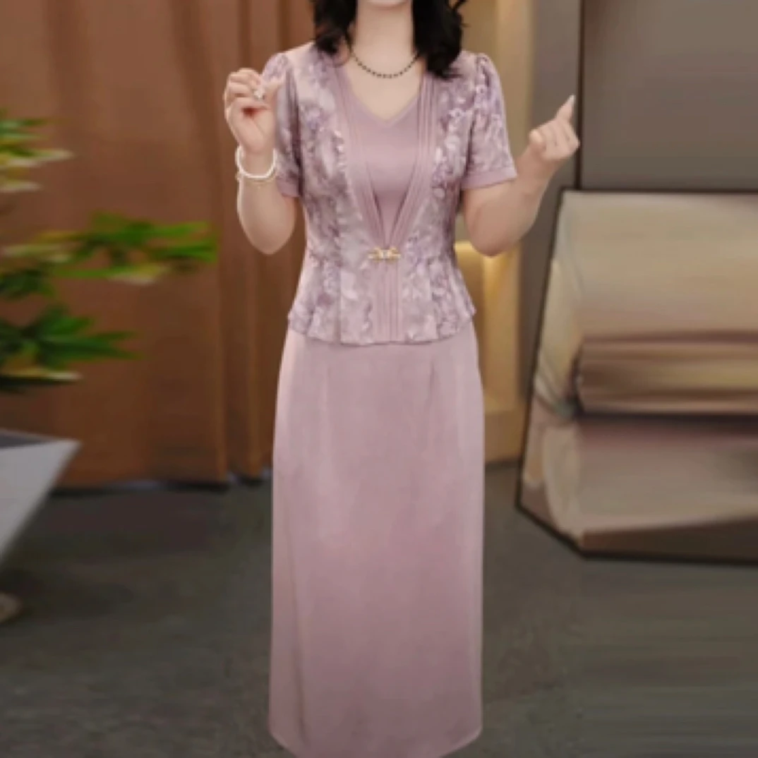 缎面洋气衣服女2025夏季短袖新款气质复古时尚收腰假两件连衣裙子