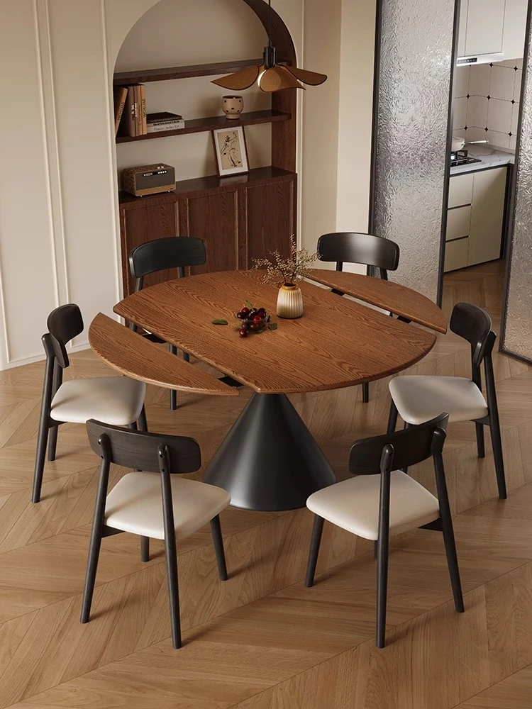 新款简约飞碟可伸缩餐桌中古风轻奢家用岩板餐桌方圆两用北欧饭桌