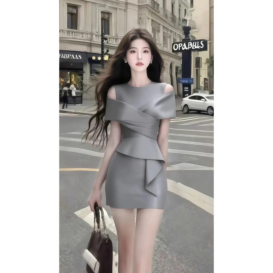 温柔知性风灰色圆领露肩短袖收腰包臀显瘦连衣裙女小众高级氛围感