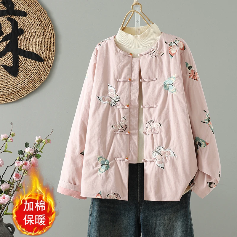 新疆棉花棉服女冬棉袄上衣新中式绣花棉衣新春福蝶大码宽松保暖25