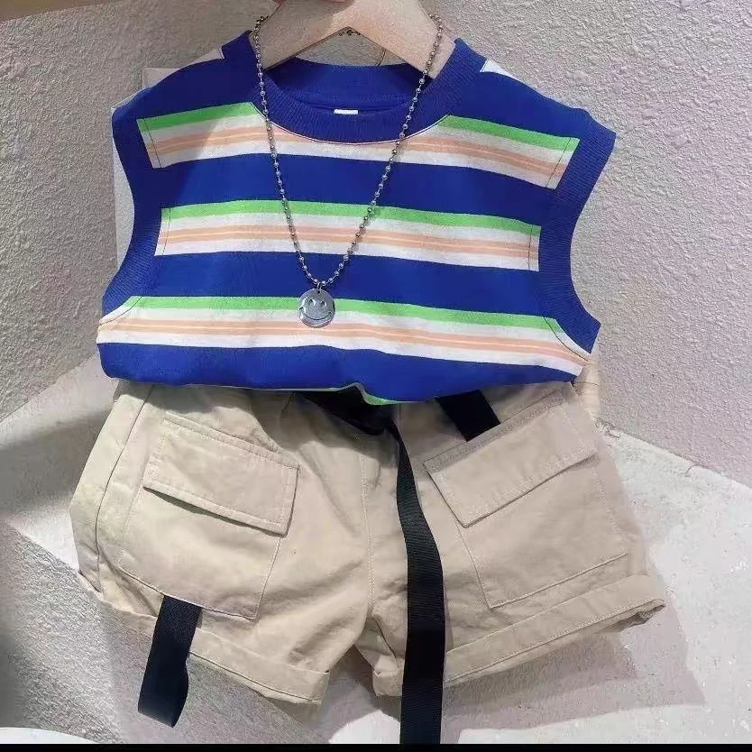 3号常规男女通用韩版套头男夏季套装童装无袖拼色牛仔条纹