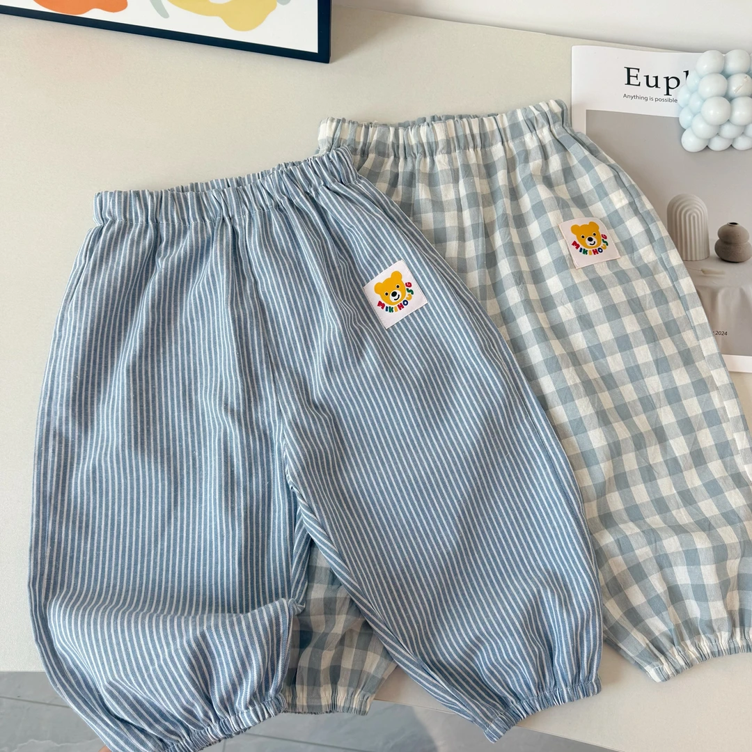 儿童日系防蚊裤夏季新款男女童冰丝格子休闲束脚长裤子宝宝宽松