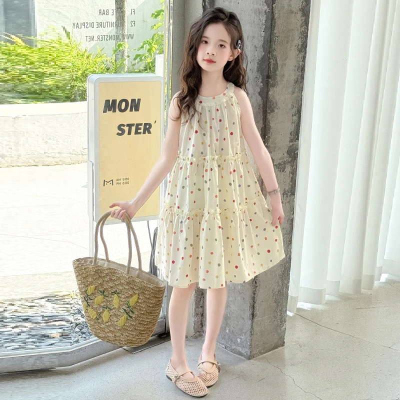 女童夏装连衣裙2025新款度假风挂脖裙中大童彩色波点背心连衣裙