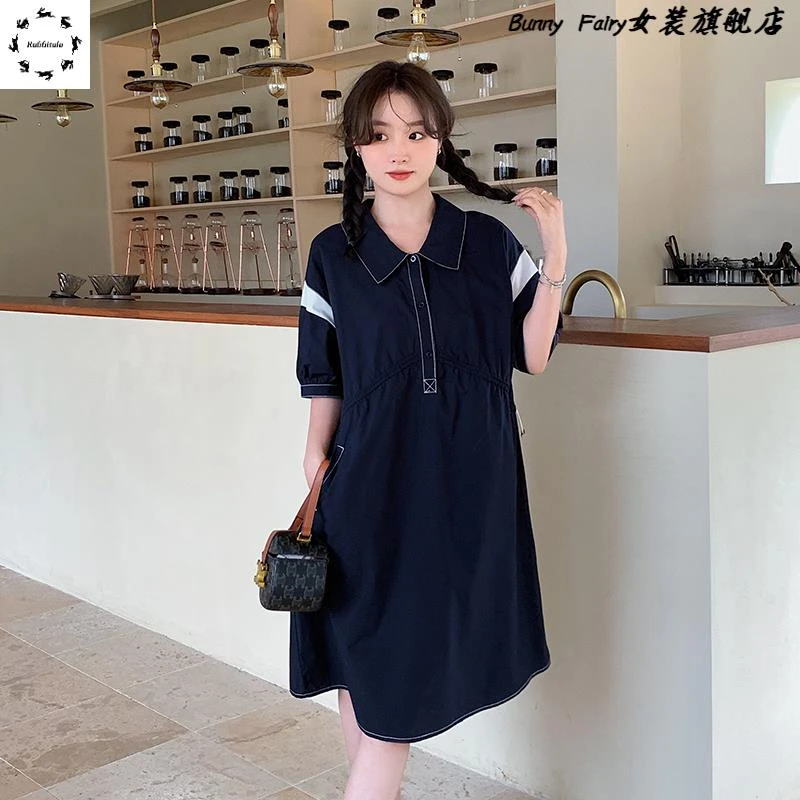 polo领泡泡袖连衣裙女夏高腰显瘦小众设计感学院风法式小个子裙子