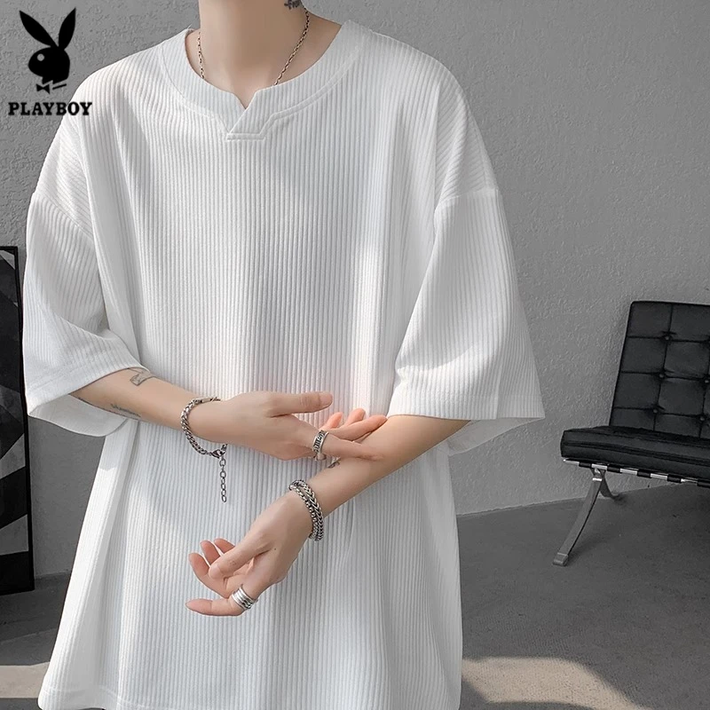 花花公子v领冰丝短袖t恤男款夏季新款高级感男士高级感薄款上衣潮