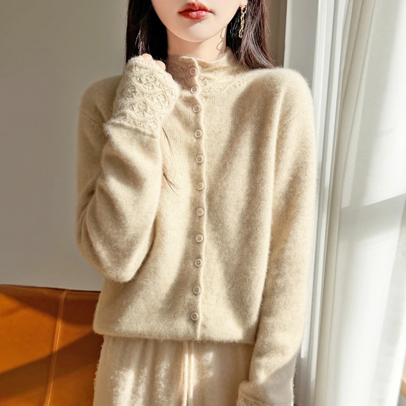 【设计师款】100纯羊毛衫精致翻领高领单排扣厚款百搭时尚针织衫女