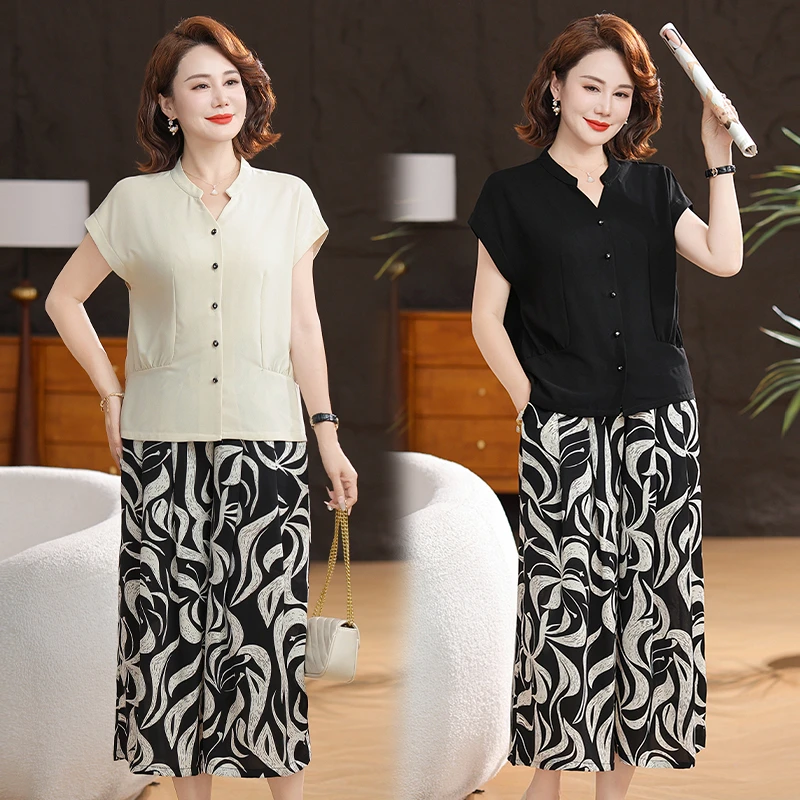 妈妈夏装套装新款中年女士洋气上衣时尚短袖气质短袖小衫女两件套