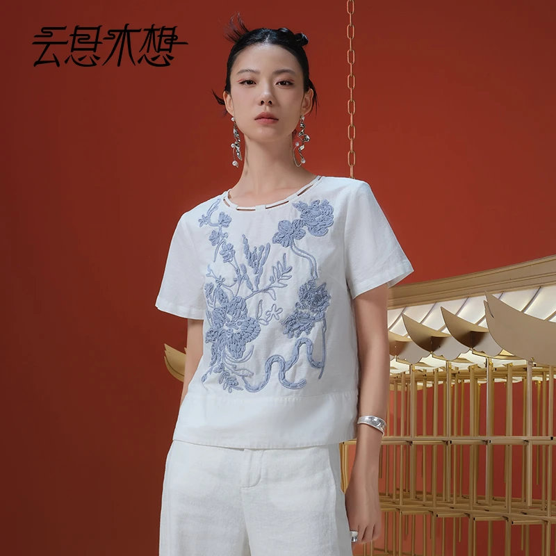 Ysimo-X云思木想 醒狮戏棉 绣花穿绳吊坠亚麻棉套头上衣13059