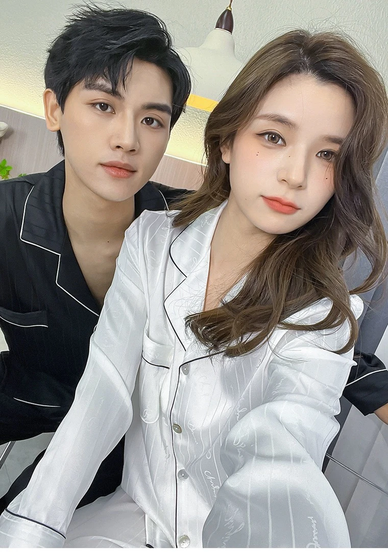 臻爱珠光缎情侣时尚夏季长袖长裤睡衣薄款春夏家居服套装（送眼罩）