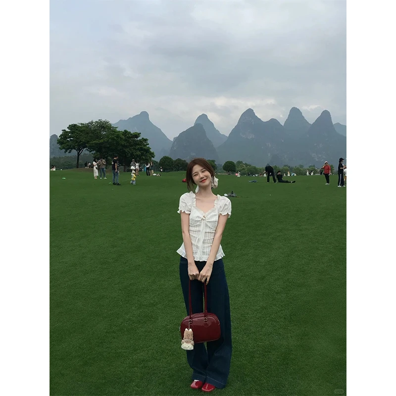 甜美减龄泡泡袖时尚气质设计感上衣夏季百搭显瘦直筒阔腿裤长裤女