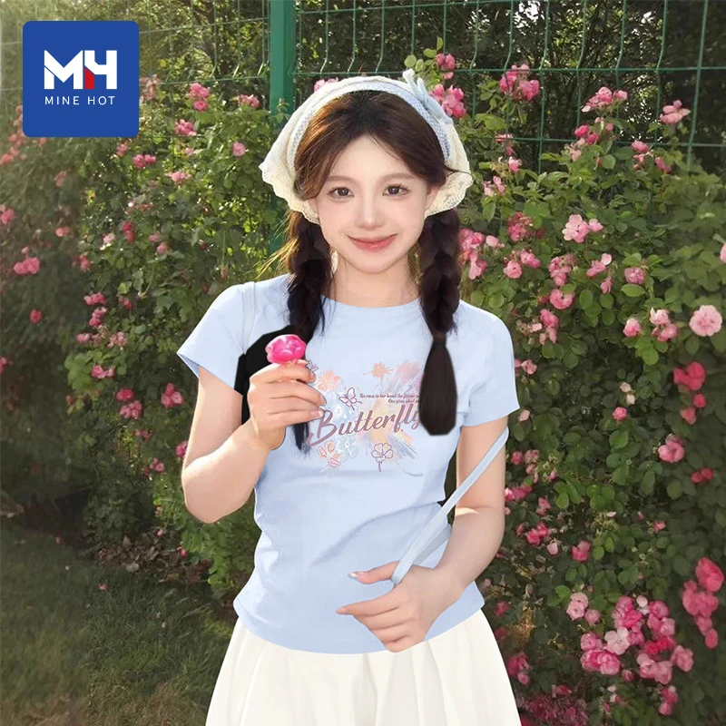 唐狮集团MH粉色上衣女2025夏季新款短款收腰正肩休闲百搭短袖t恤H