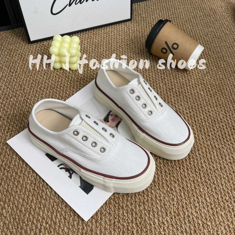 韩版一脚蹬懒人帆布鞋女2025夏新款厚底百搭休闲运动板透气小白鞋