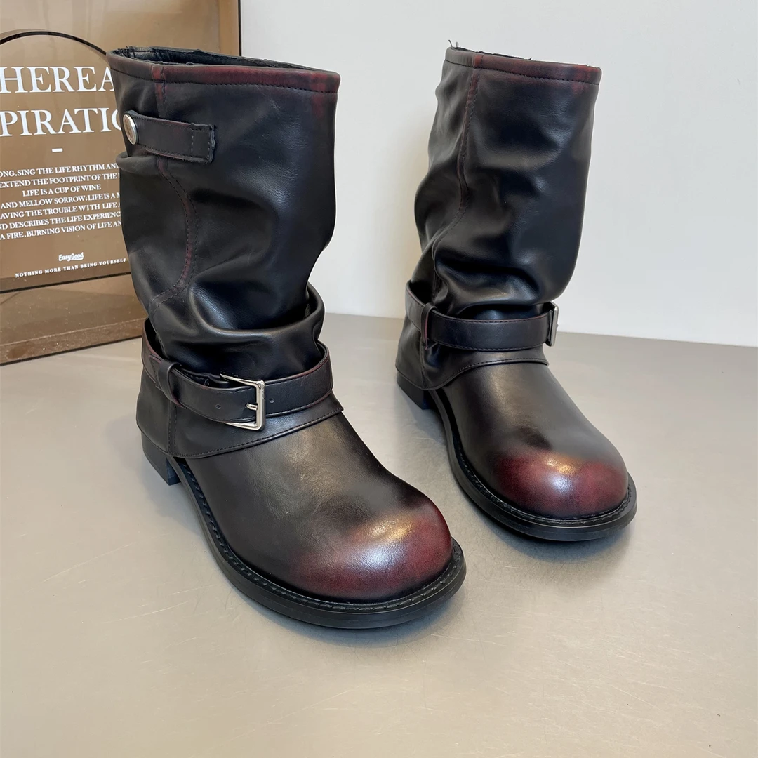 欧洲站欧货潮废土风宽大筒围裤管靴复古擦色褶皱堆堆靴中筒靴子女