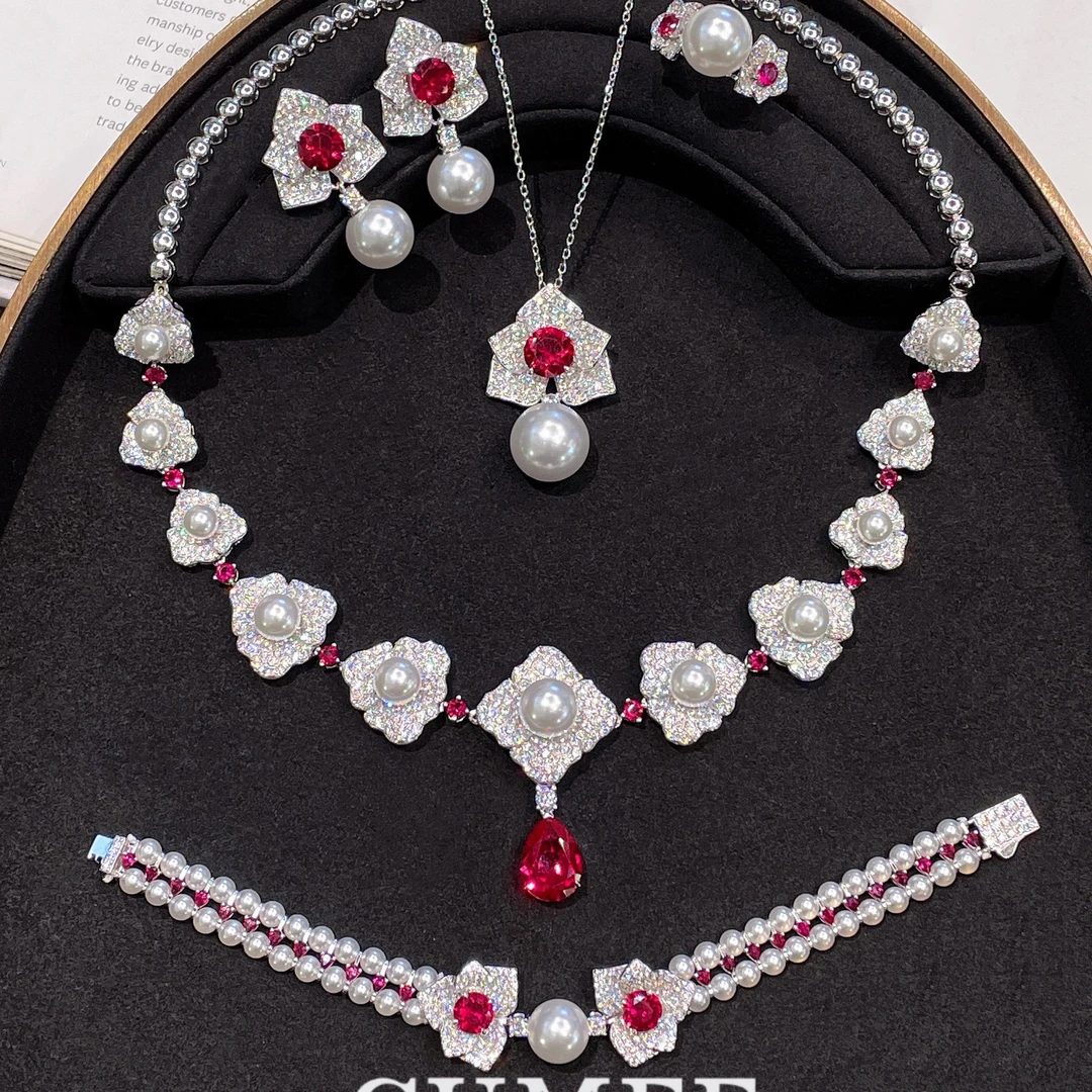 吊坠925银 国风祥云系列 新年推荐 贝珠合成红宝戒指耳坠.银镀金