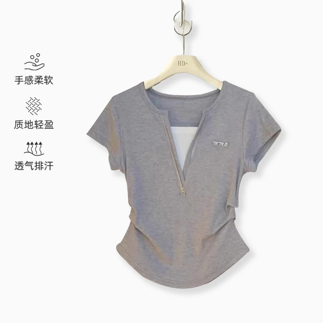 2025夏季新款正肩褶皱收腰显瘦上衣半拉链V领拼接假两件短袖T恤女