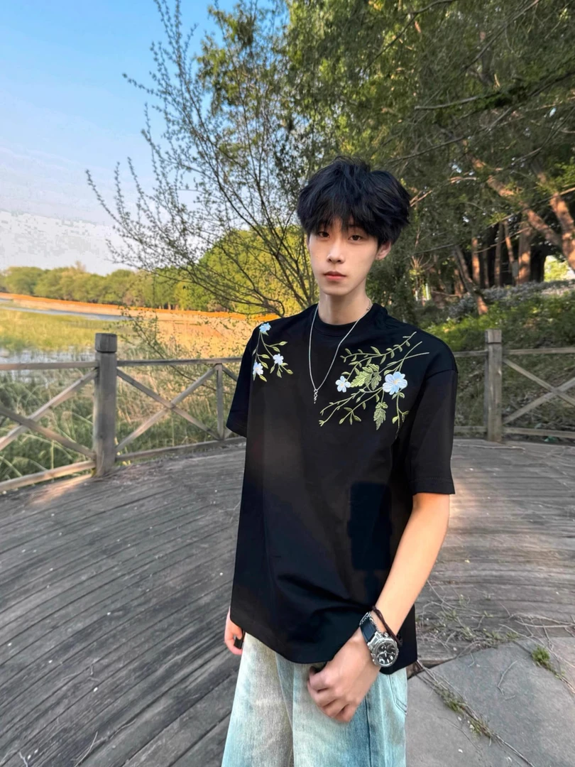 美式高街新中式刺绣花卉短袖t恤夏季男装高级感宽松情侣国潮上衣