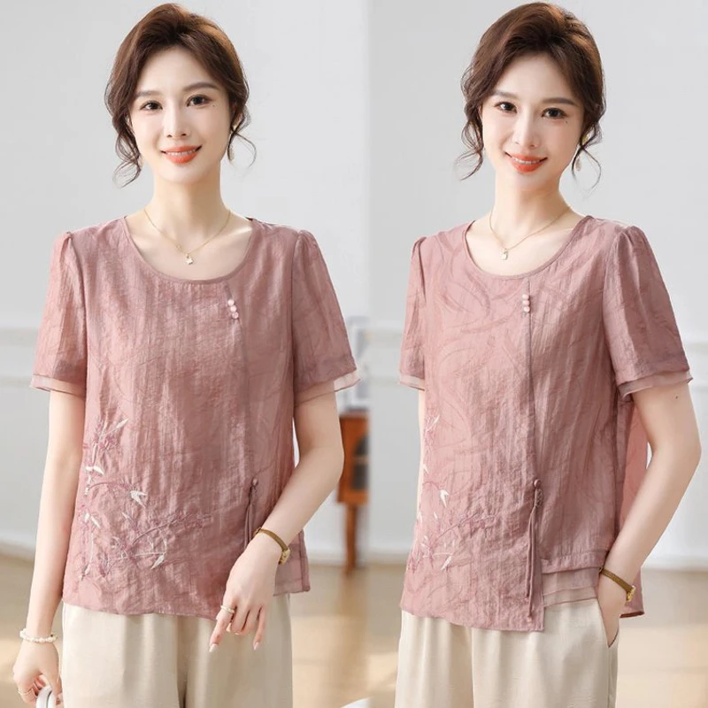 中老年气质夏季洋气时尚休闲绣花妈妈装圆领薄款复古小衫1877