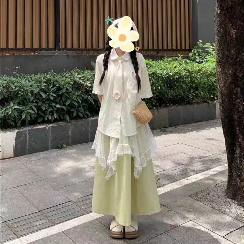 夏季多巴胺穿搭一整套森系甜美减龄设计感独特漂亮衬衫两件套装裙