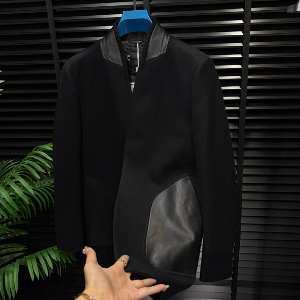 不褪色纽扣厚款拼接无领大衣男装秋季复古时尚