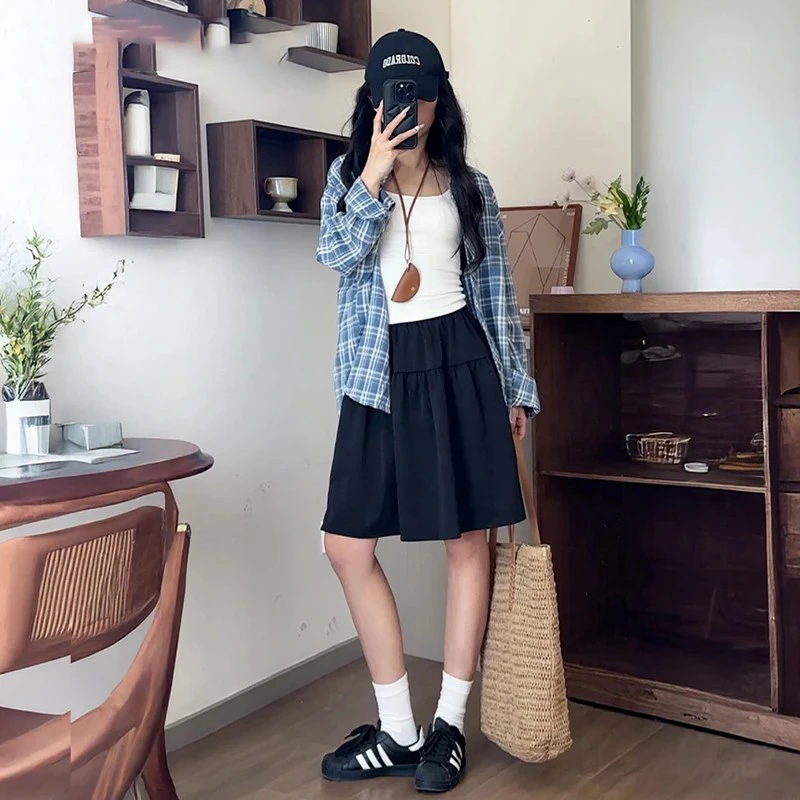 藏蓝色半身裙女2025春夏新款a字日系学院风小个子高腰显瘦中长裙