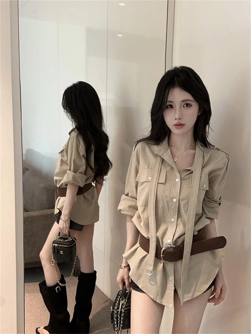 纯欲风POLO领长袖短裙设计感宽松显瘦辣妹气质配腰带衬衫夏季女装