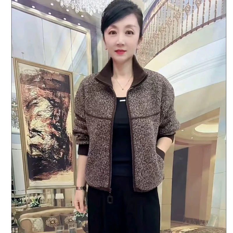 宽松休闲外搭妈妈秋冬中年新款时尚立领短款外套秋冬上衣开衫外穿