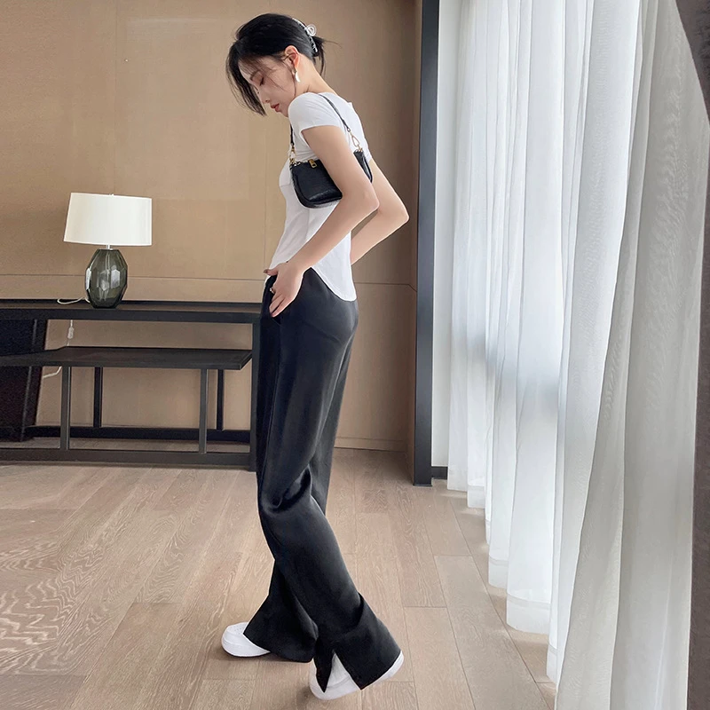 夏季新款街头风高腰系带显瘦直筒拖地垂坠感阔腿裤休闲裤女 R7863