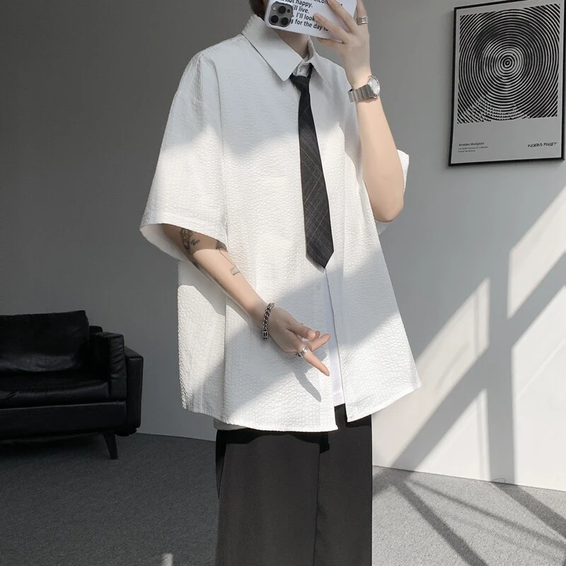 高级感短袖衬衫男款夏季潮牌潮流学院风外套加肥加大码宽松上衣男