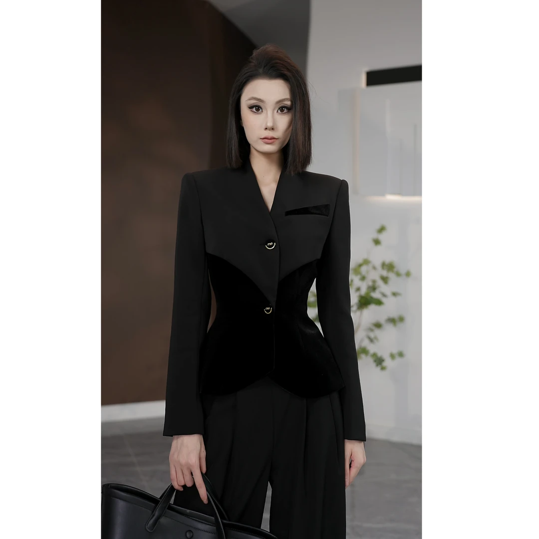 琦哥【摩登报刊】原创设计丝绒拼接外套收腰显瘦气质长袖西装35260