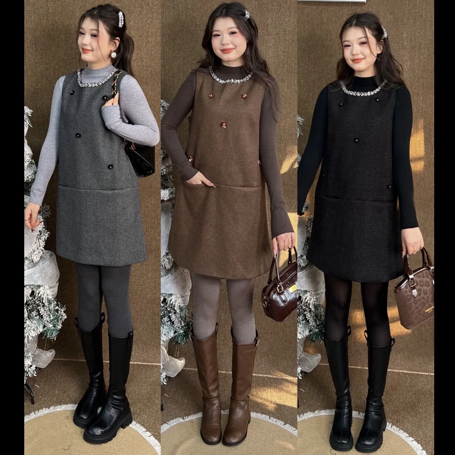 LA秋冬季新款法式复古小香风背心连衣裙钉珠拼接中长款气质