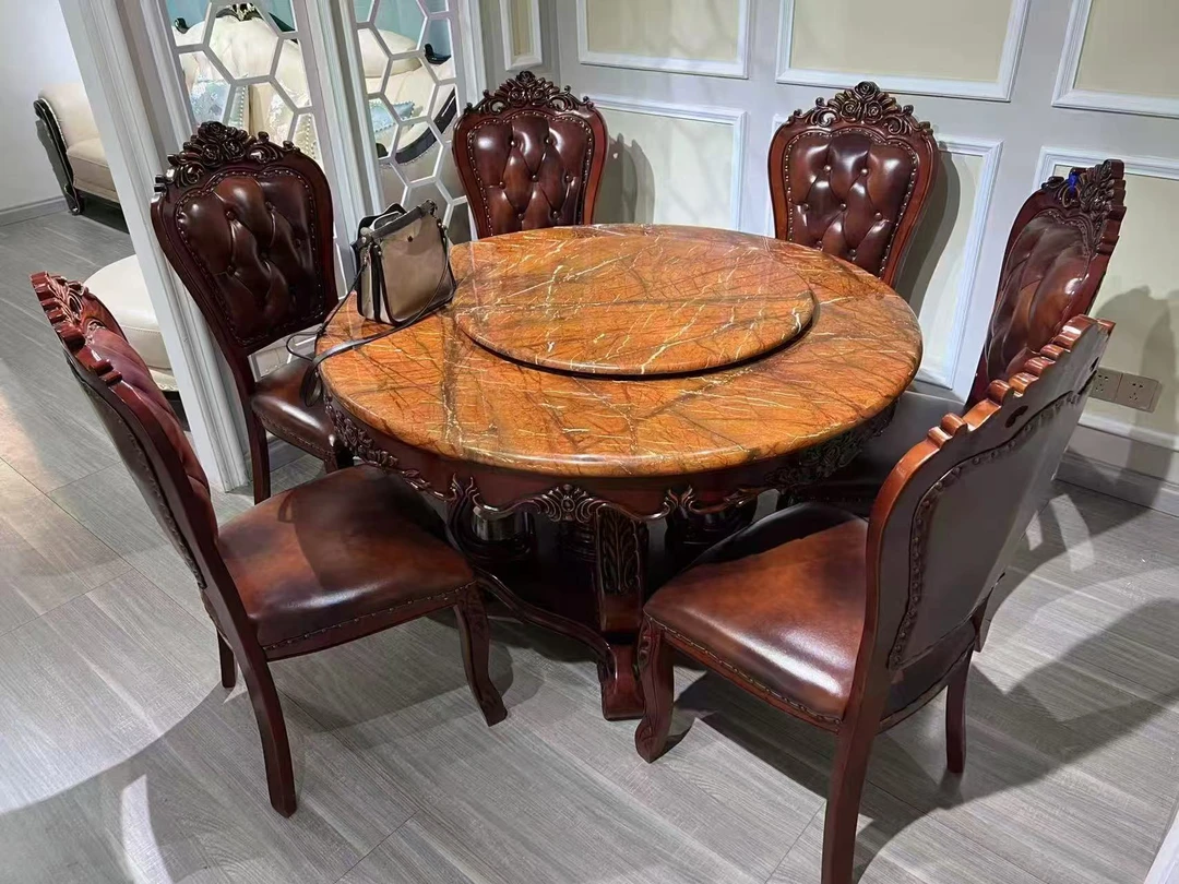 美式欧式西餐桌餐椅大理石圆桌带转盘全实木餐桌美式别墅家用饭桌