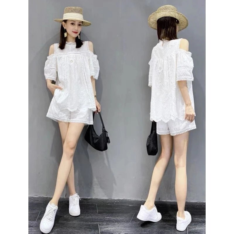 个性宽松运动套装女夏新款时尚洋气露肩恤镂空短裤休闲两件套潮