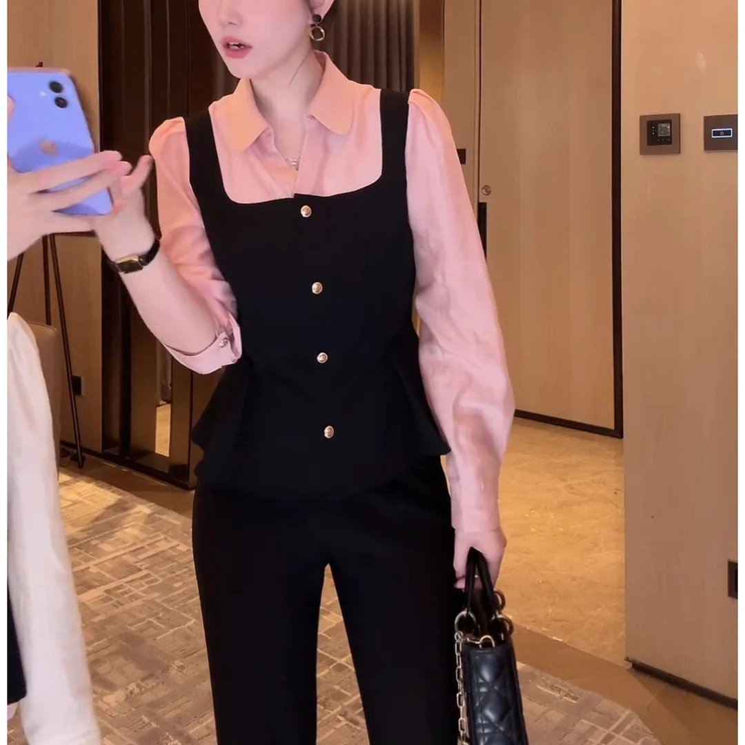 秋季新款拼接假两件长袖衬衫女POLO领显瘦时尚气质设计感气质上衣