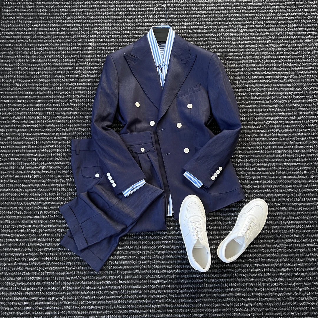 CssuGent那不勒斯皇后戗驳领双排扣早秋西服男绅士商务牛仔蓝套装