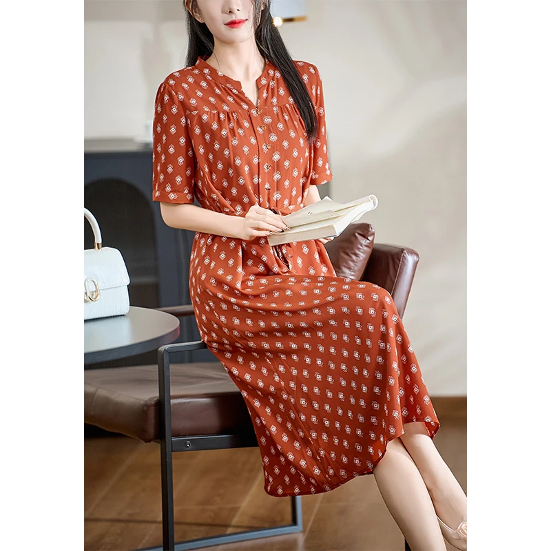 迪欧芙2025年夏季新款橙色显瘦时尚气质贵气中长连衣裙#XLQ17846