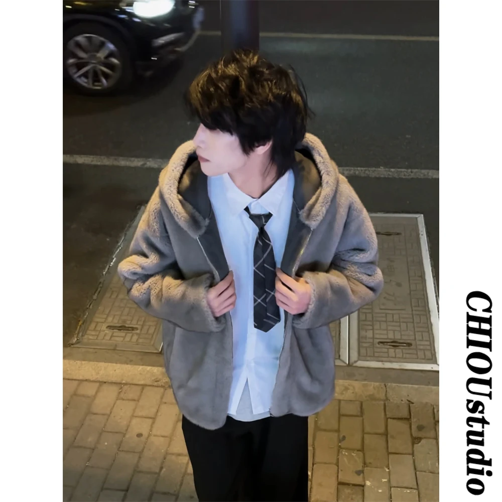 仿水貂毛连帽毛毛外套男短款加厚保暖麂皮绒皮毛一体环保皮草棉衣