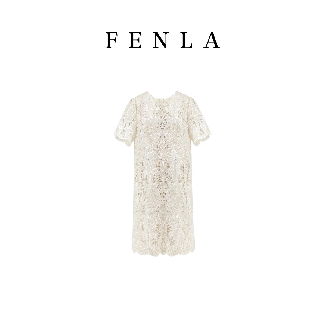 【惠姐私服】时尚圆领重工蕾丝刺绣镂空勾花宽松气质连衣裙 83789