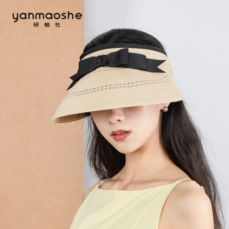 研帽社春夏镂空蝴蝶结空顶草帽MZC057女大小头围防晒遮阳可折叠
