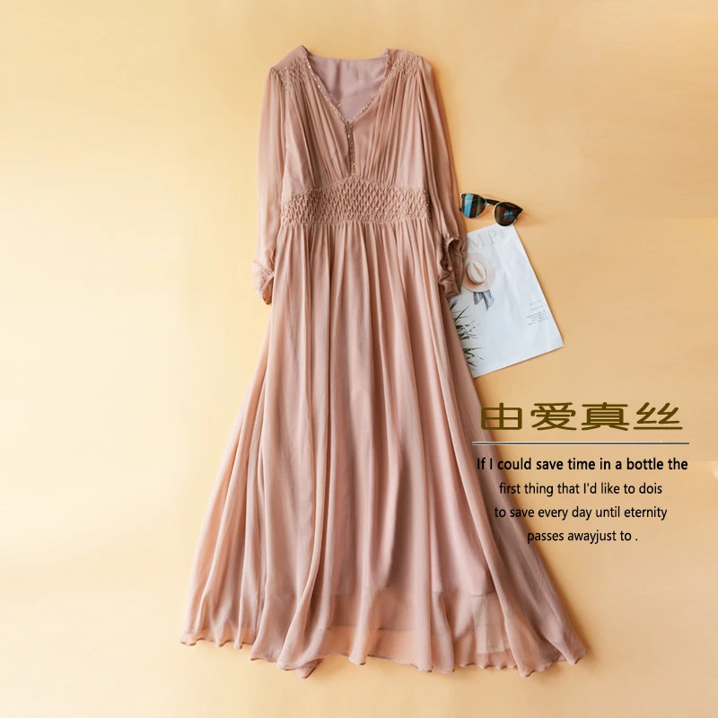 100%桑蚕丝连衣裙女夏季2025年新款纯色复古收腰大摆时尚真丝长裙