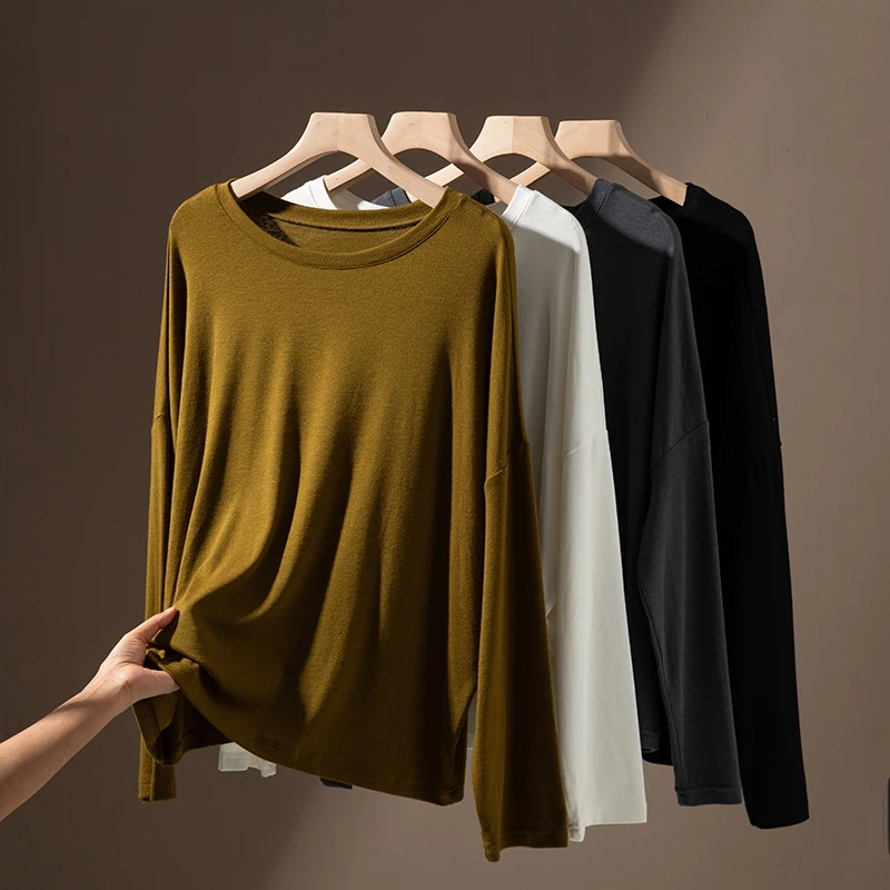 长袖天丝羊毛面膜针织打底衫女慵懒感早秋宽松T恤薄款小衫潮